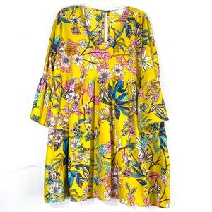 123 Story Boutique Size Large Mustard/Pink Floral 3/4 Sleeve Float Style Dress